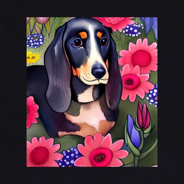 Basset Hound Dachshund Mix Basschshund Dog Puppy Whimsical Portrait Hiding in Wildflowers Secret Garden Digital Art Watercolor Painting by joannejgg